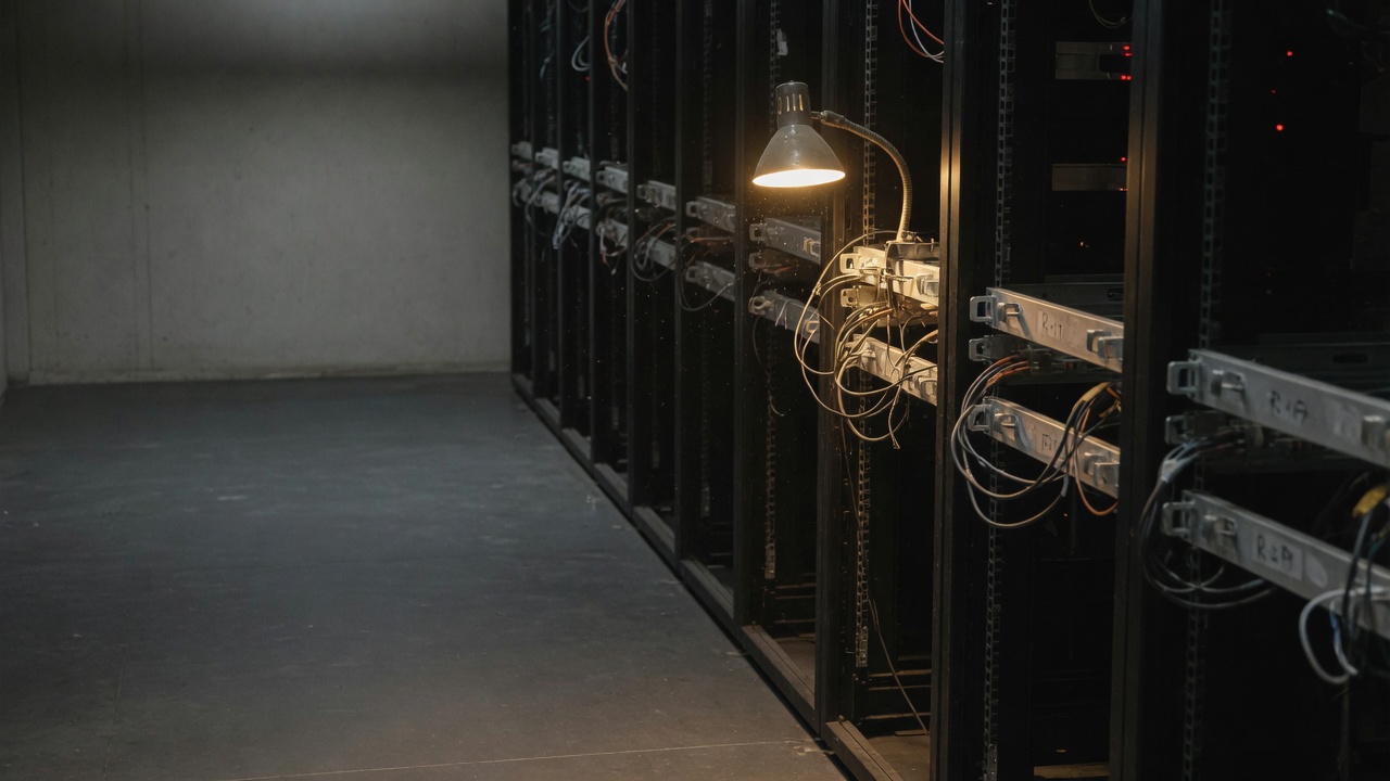 A dim server room with a single work lamp on black equipment racks.