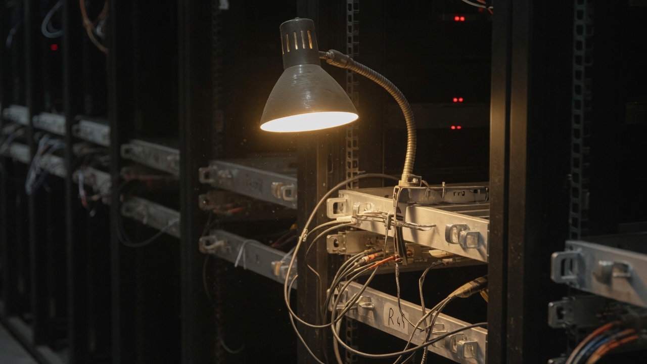 Close view of a work lamp and coiled cables on a server rack.